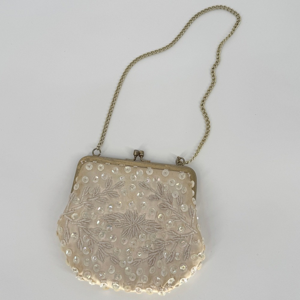 Vintage 50s Regal Evening Bag Ivory Beaded Sequin Bridal Cocktail Regencycore
